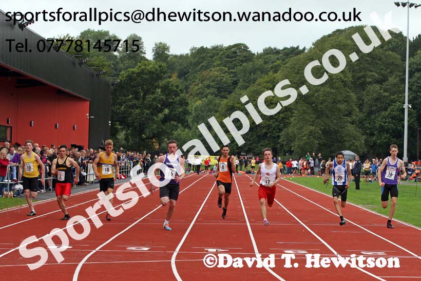 Mens and Boys 100 metres at the Northern Inter-Counties under-17s and 15s at Witton Park, Blackburn. Photo: David T. Hewitson/Sports for All Pics